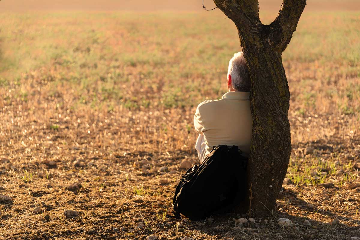 man sitting against tree