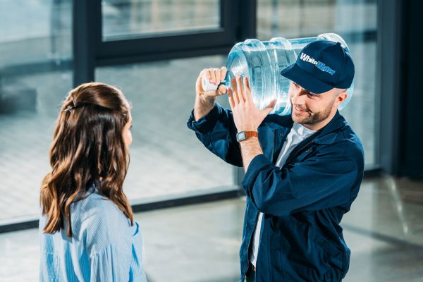white water delivery guy with customer