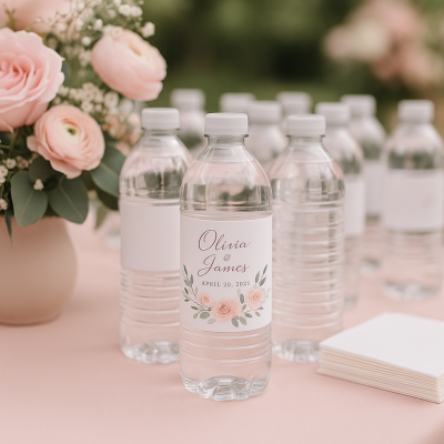 labeled water bottles